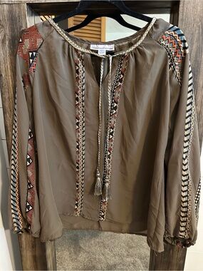 Nouveaumonde Boho Tribal Print Peasant Top Size Small Western Aztec Southwestern